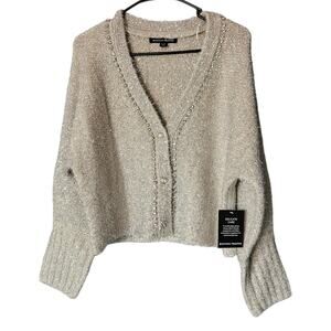 Boston Proper Silver Metallic Plush Embellished Cardigan V-Neck Sweater NWT M